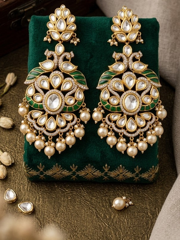 Jalparee Kundan Polki & Pearl Peacock Motif Drop Earrings - Elegant Gold Plated Traditional Jewelry