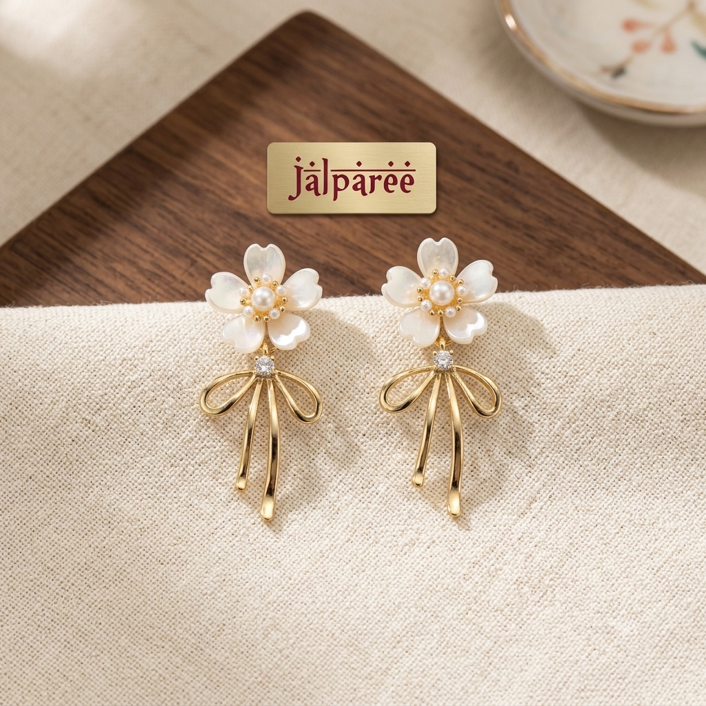 Jalparee Mother of Pearl Floral Bow Drop Earrings – Elegant Western Blossom Dangles