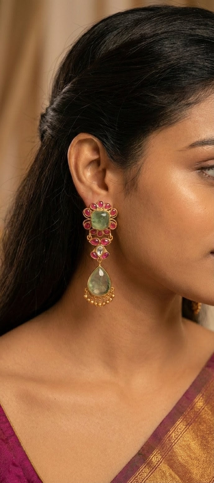 Jalparee Traditional Gold-Plated Kundan Style Earrings with Carved Green & Ruby Stones