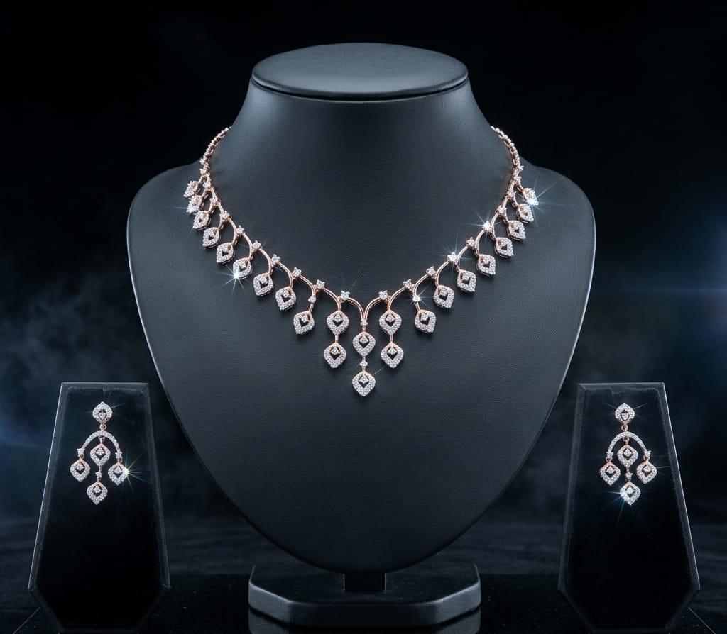 Radiant Rose Gold Diamond-Finish Leaf Necklace Set