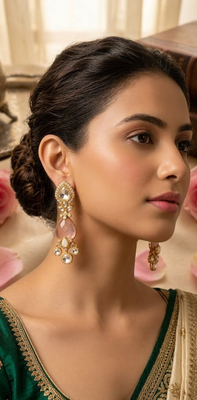 Jalparee Handcrafted Kundan & Rose-Hued Teardrop Traditional Drop Earrings