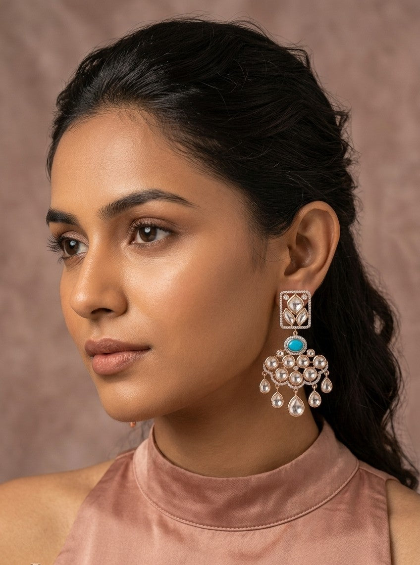 Jalparee "Turquoise and Polki Elegance" Traditional Chandelier Earrings – Handcrafted Kundan and Turquoise Stone Design in Gold Finish