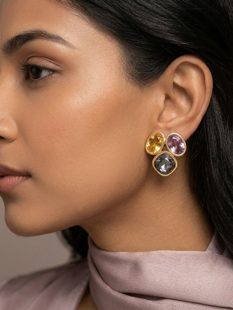 Jalparee Pastel Trinitie Western Stud Earrings – Smoky Gray, Amethyst Pink, and Citrine Yellow