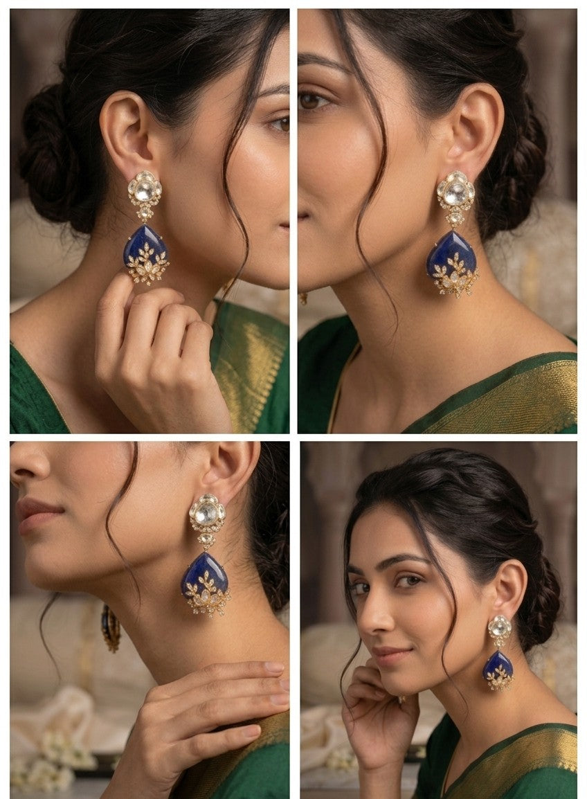 Navratna Kundan Polki Teardrop Jhumka Earrings with Royal Blue Sapphires