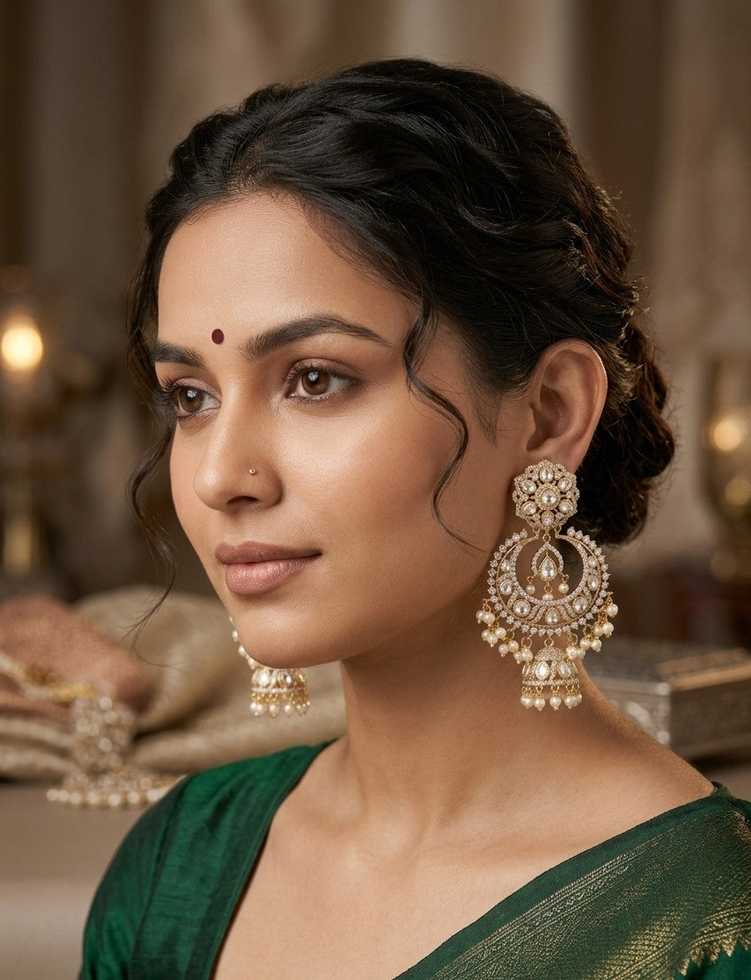 The Jalparee Heritage Collection: Exquisite Kundan and Pearl Chandbali Jhumka Earrings