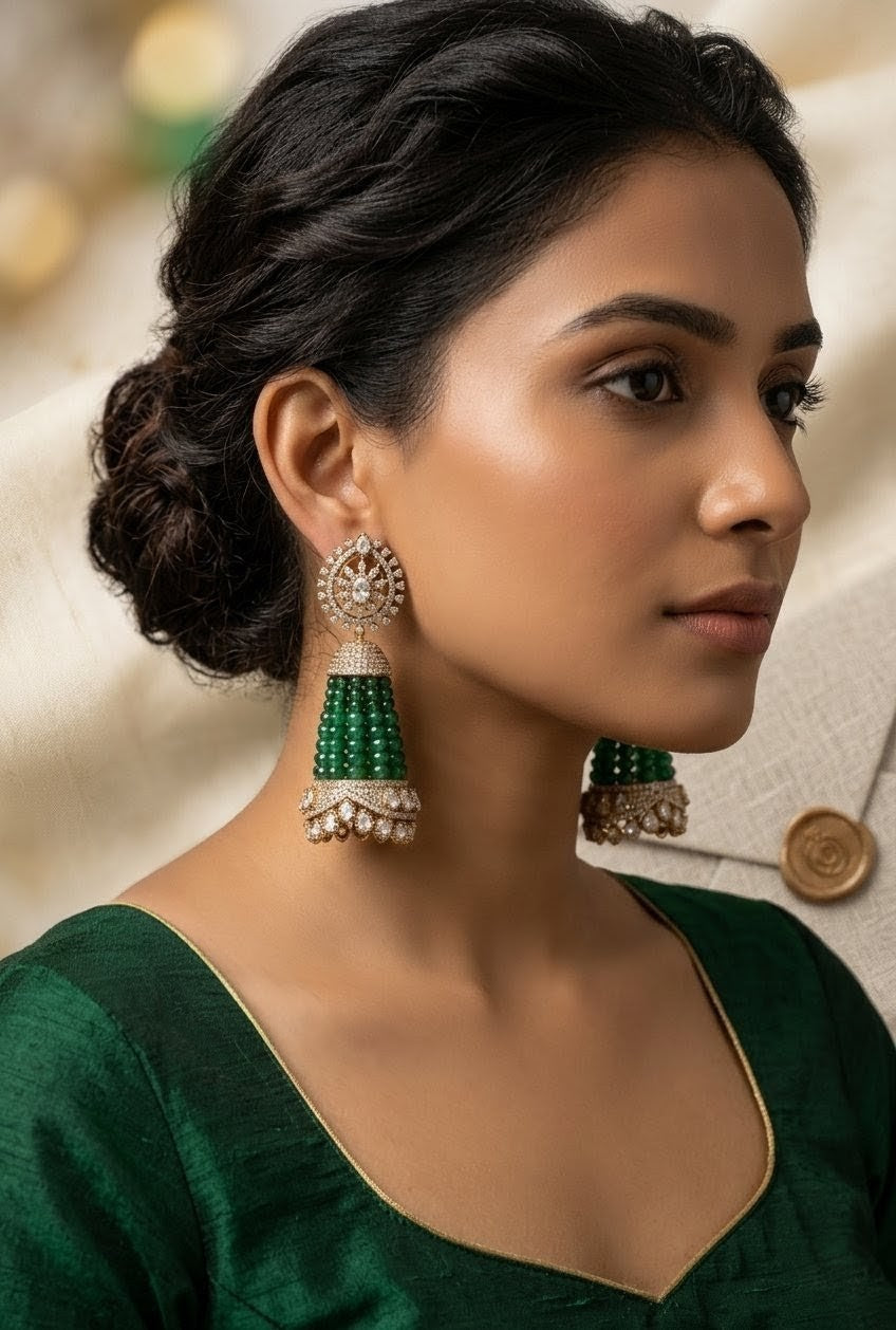 ✨ Traditional Diamond & Emerald Jhumka Earrings by Jalparee ✨