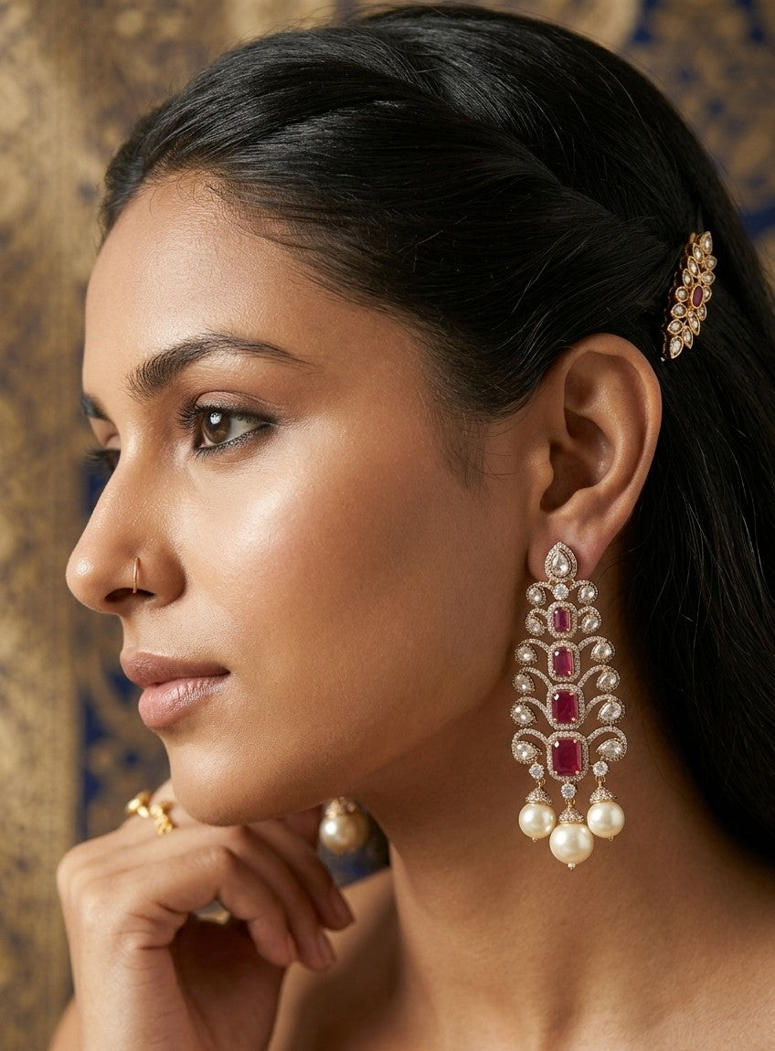 Jalparee Handcrafted Traditional Gemstone Dangle Earrings with South Sea Pearls