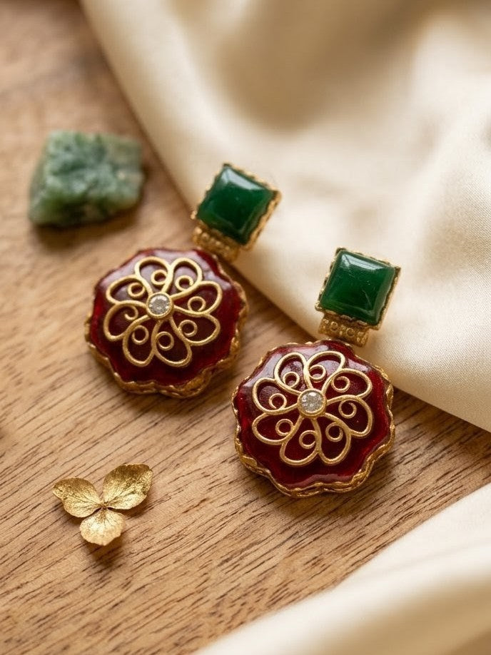 Jalparee Traditional Handcrafted Indian Gold-Plated Emerald and Ruby Enamel Filigree Dangle Earrings