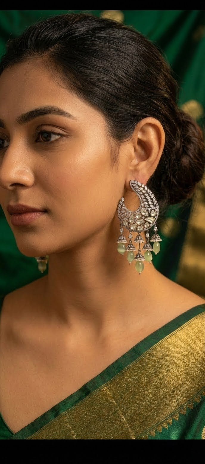 Jalparee Polki-Style CZ Silver Chandbali Earrings with Cascading Green Beads