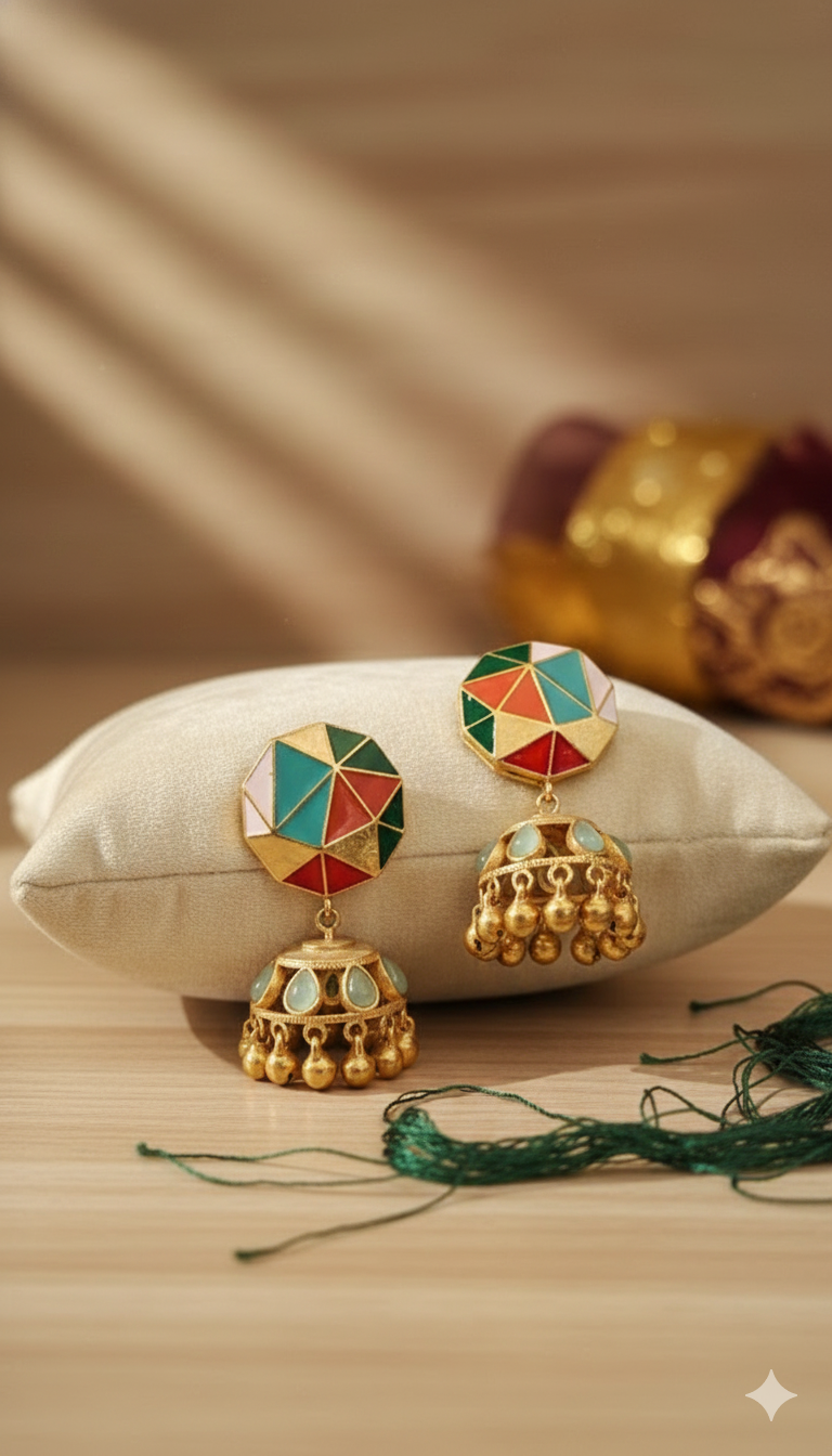 Enamel Hexagon Jhumka Earrings by Jalparee