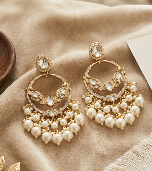 Jalparee Majestic Kundan and Pearl Chandbali Earrings - A Timeless South Asian Classic