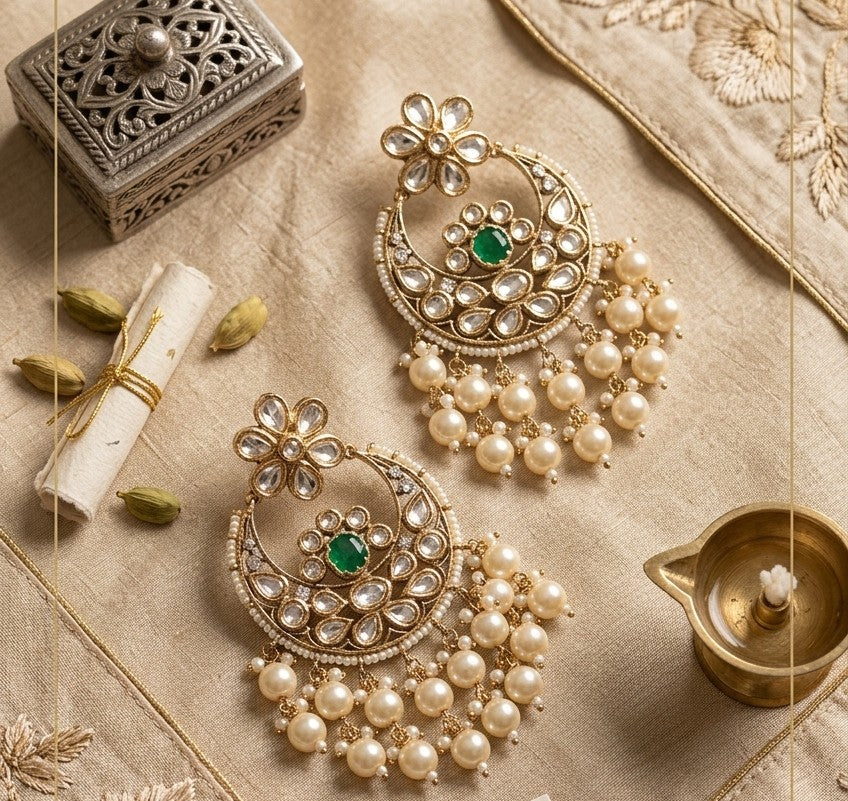 Jalparee Kundan Polki & Pearl Chandbali Earrings with Emerald Accent