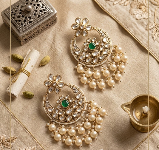 Jalparee Kundan Polki & Pearl Chandbali Earrings with Emerald Accent