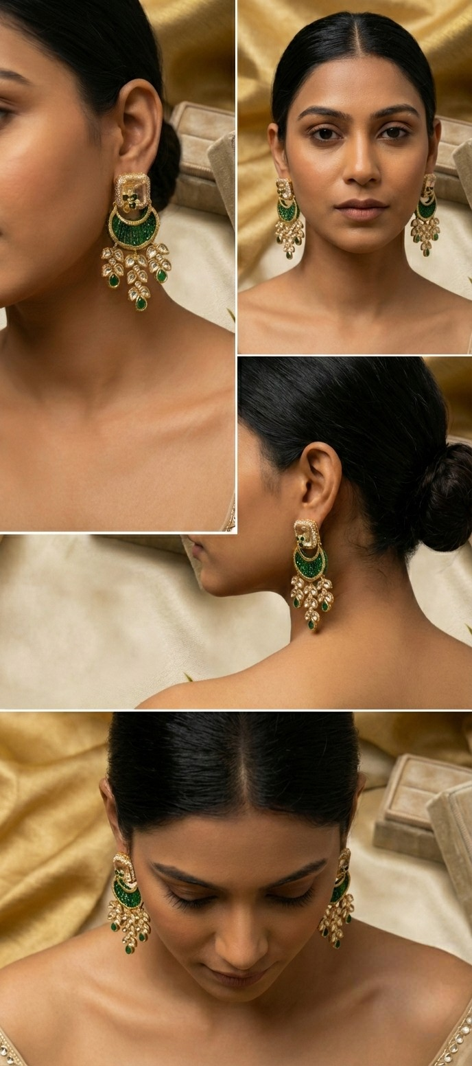 Jalparee Royal Emerald & Kundan Crescent Drop Earrings