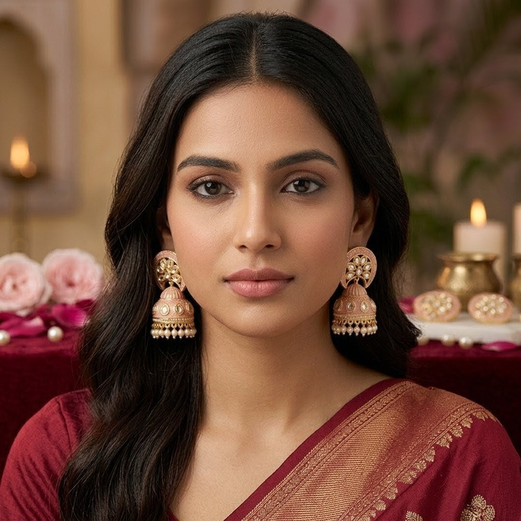 Jalparee 'Gulabi Mehfil' Pink Meenakari and Kundan Chand-Jhumka Earrings