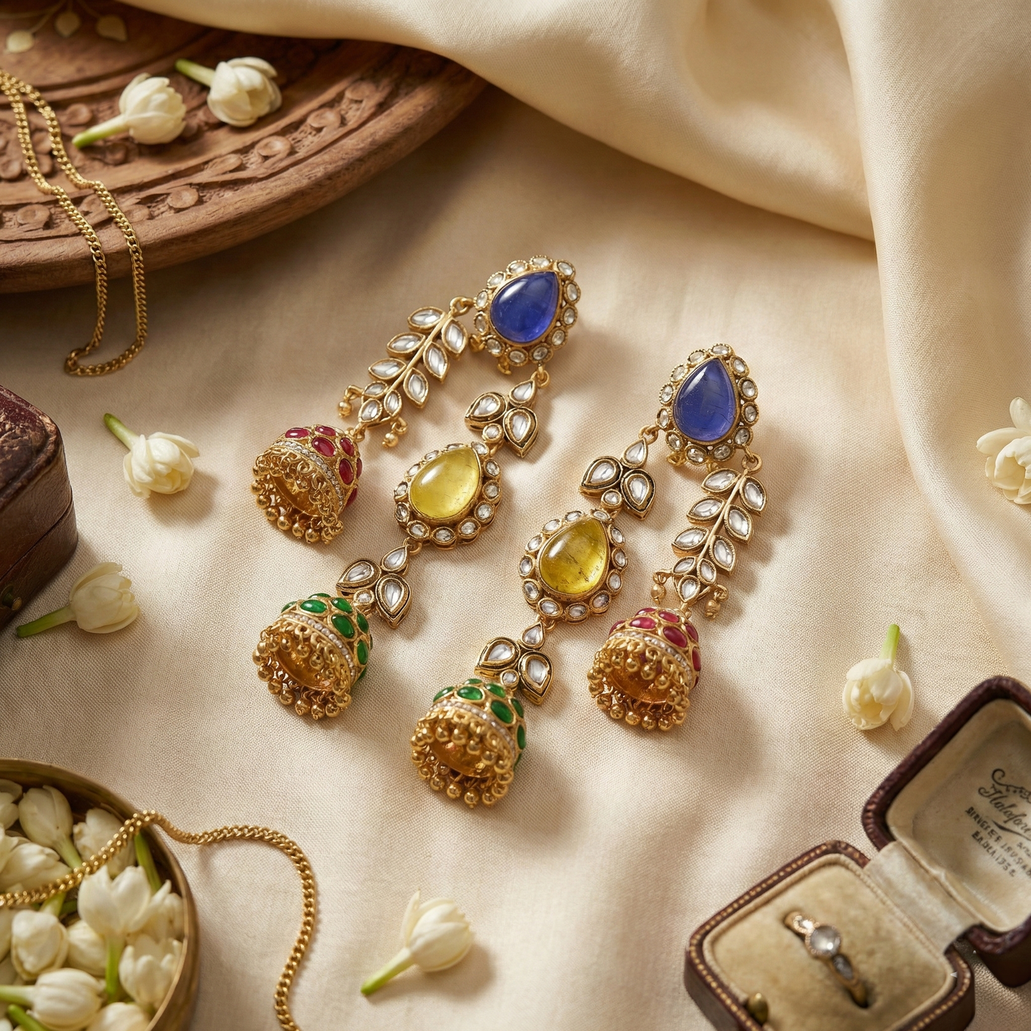 Jalparee "Navaratna Cascade" Handcrafted Multi-Gemstone Jhumka Earrings in micro Gold Plating