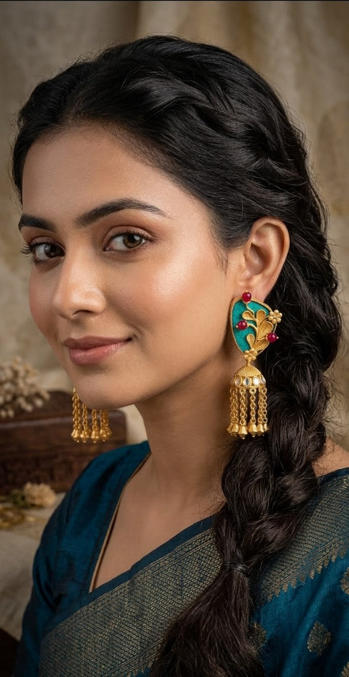 Jalparee Heritage Collection: Gold-Plated Turquoise & Ruby Kundan Jhumka Earrings with Bell Droplets