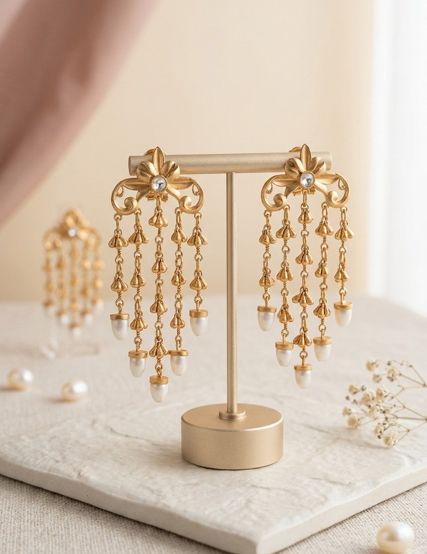 Jalparee Royal Kundan and Pearl Waterfall Jhumka Earrings