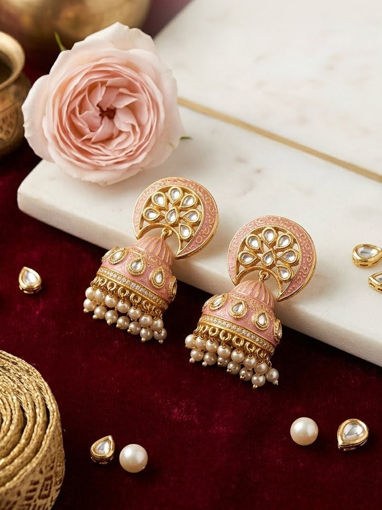 Jalparee 'Gulabi Mehfil' Pink Meenakari and Kundan Chand-Jhumka Earrings