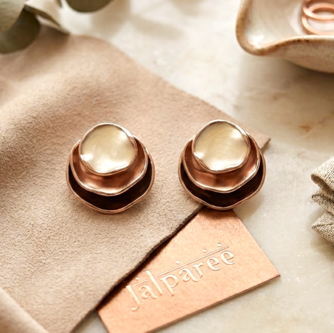 Jalparee Aura Layered Wavy Stud Earrings – Matte Rose Gold Western Earrings