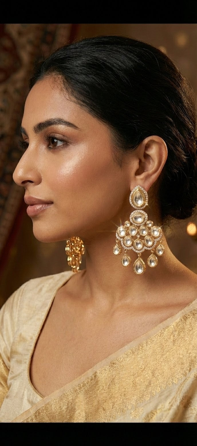 The 'Sitara' Royal Kundan & CZ Chandbali Earrings by Jalparee
