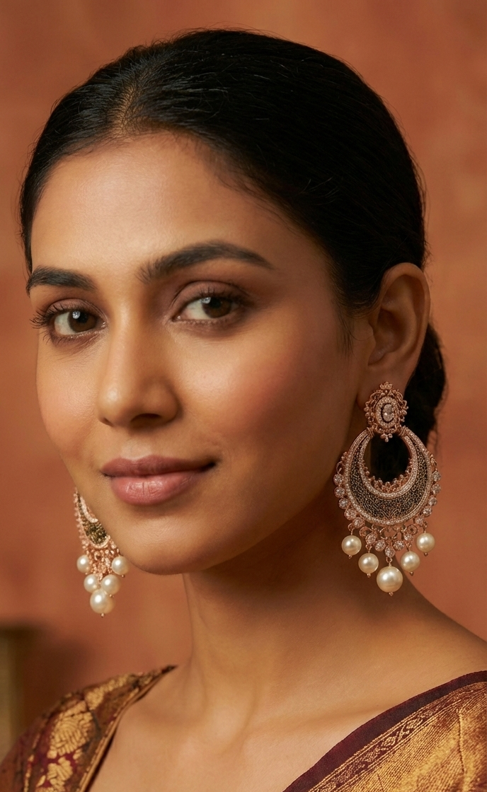 Jalparee 'Noor' Gold-Plated CZ & Pearl Chandbali Earrings