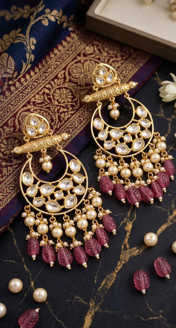 Jalparee Heritage Gilded Kundan & Leaf-Carved Mauve Tourmaline Chandbali Dangle Earrings