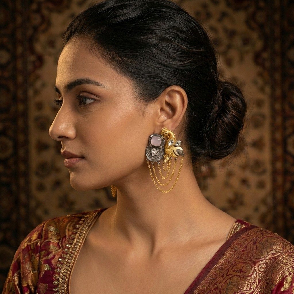 Jalparee 'Mayura' Antique Gold Peacock Earrings with Pink Stone & Layered Chains