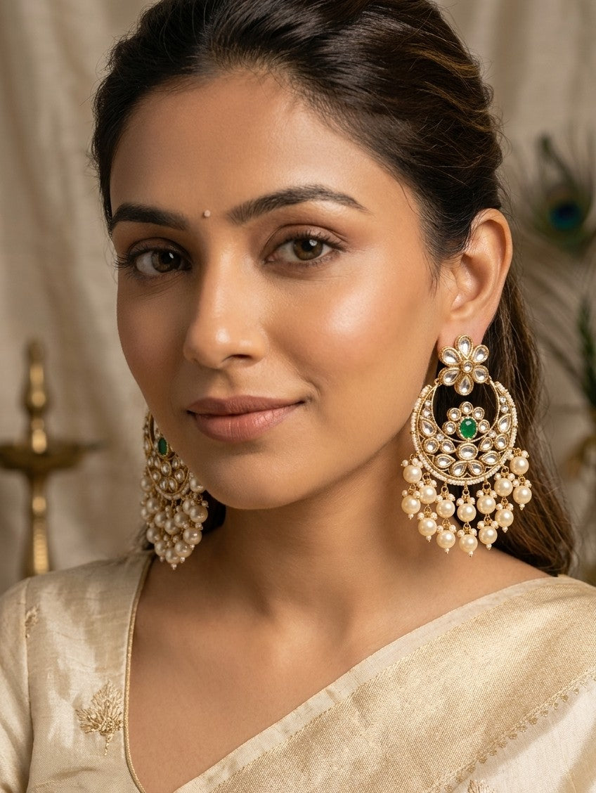 Jalparee Kundan Polki & Pearl Chandbali Earrings with Emerald Accent
