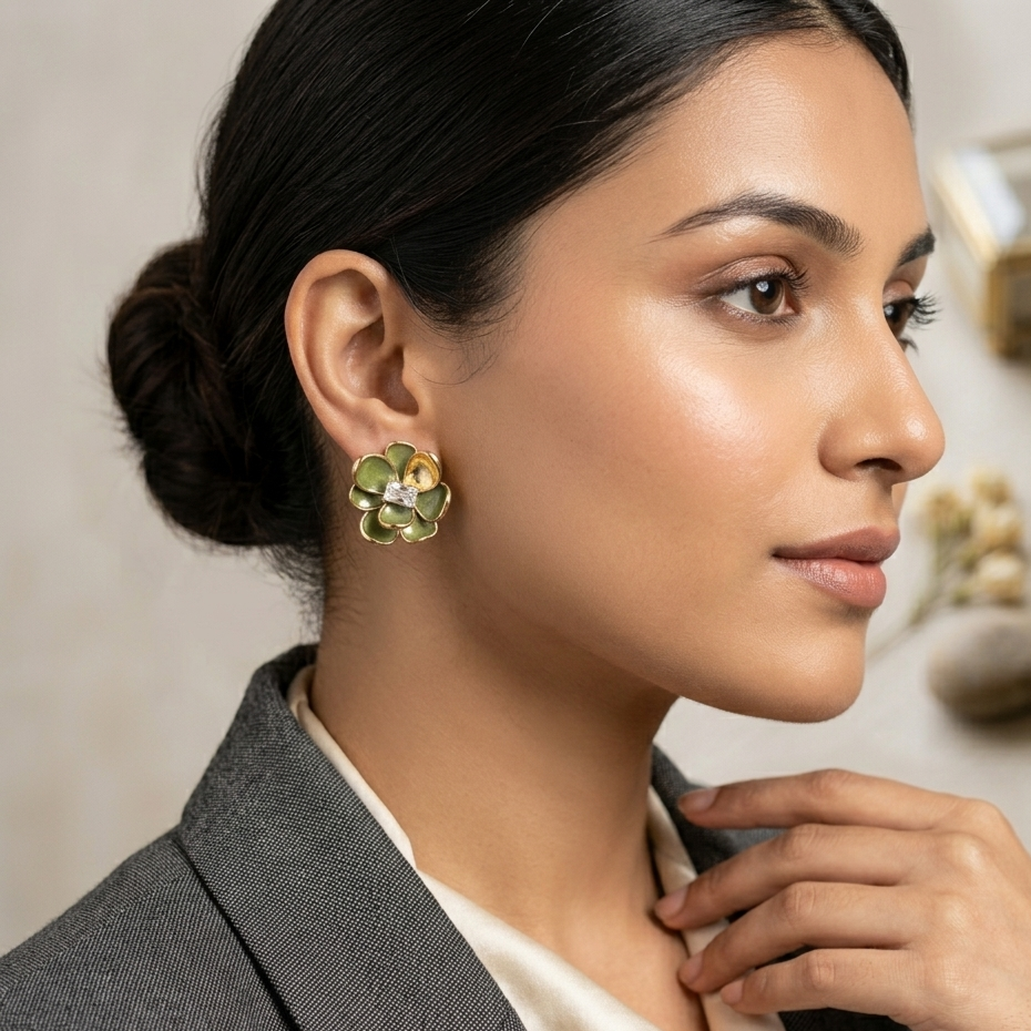 Jalparee Olive Blossom Enamel Stud Earrings with Baguette Crystal Accent