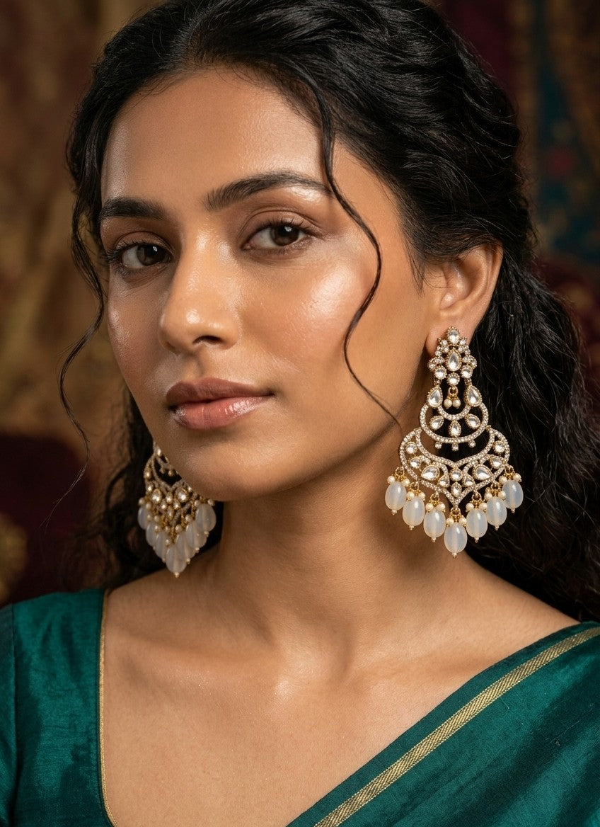 Jalparee Kundan Dangle Earrings with Opaline Beads & Gold Finish