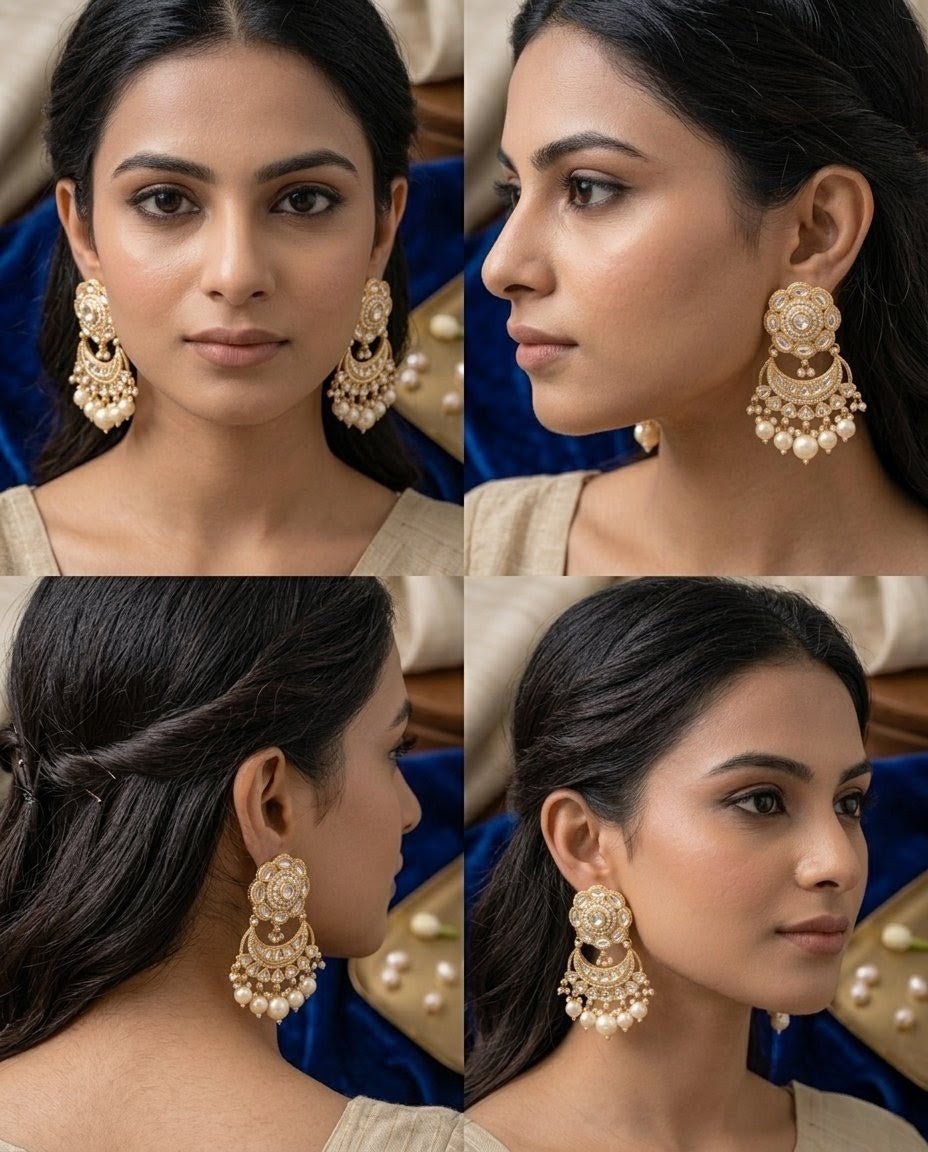 Jalparee Regal Gold-Plated Kundan and Pearl Chandbali Earrings