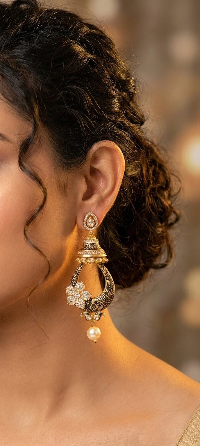 Jalparee Exquisite Gold-Tone Black Enamel & Stone Floral Jhumka Earrings with Pearl Drop