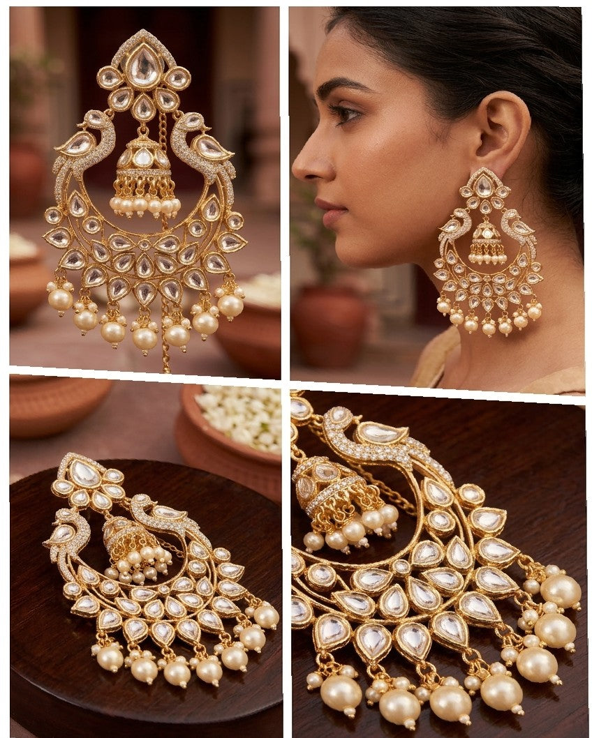 "Mayura Heritage" Handcrafted Kundan Chandbali Earrings with Jhumka Drop & Pearl Clusters