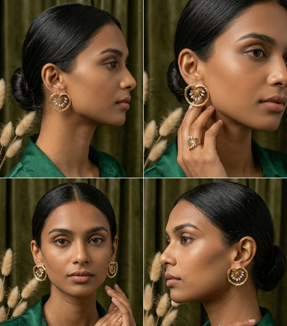 Jalparee Traditional Intricate Interlocking Gold-Toned Hoop Earrings with Shimmering CZ Cluster