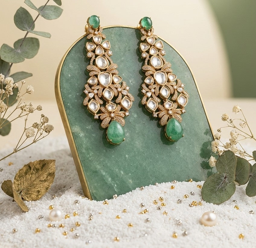 Jalparee Kundan and Emerald Chandbali Style Dangle Earrings