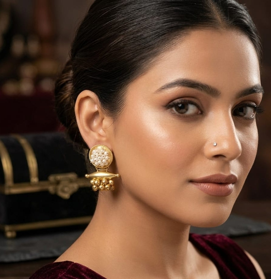 Golden Pearl Infusion Indo-Western Statement Earrings