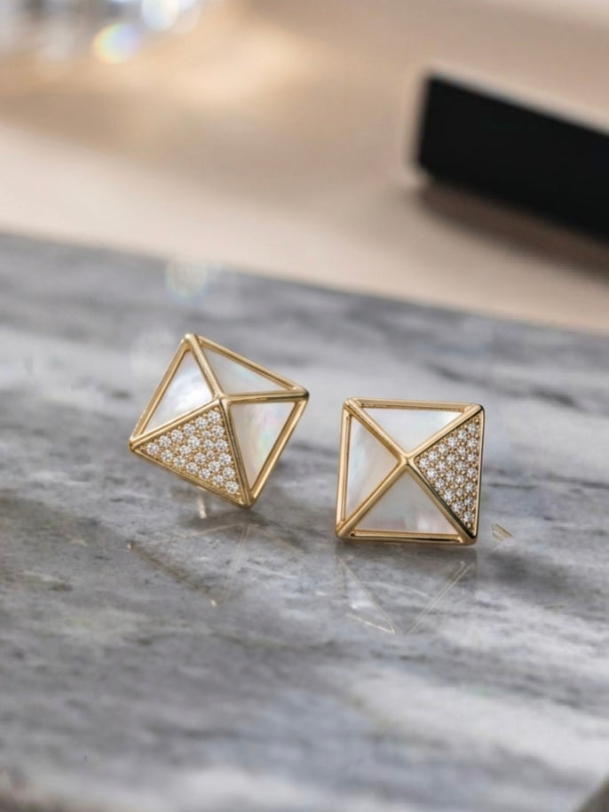 Jalparee Geometric 3D Pyramid Stud Earrings with Mother of Pearl & American Diamonds