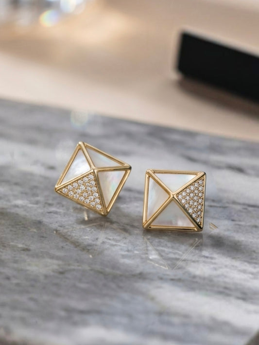 Jalparee Geometric 3D Pyramid Stud Earrings with Mother of Pearl & American Diamonds