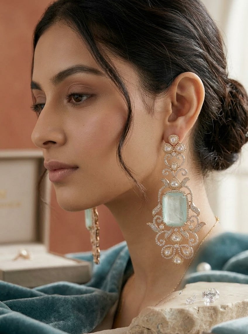 Jalparee Prismatic Chandbali Earrings with Cushion-Cut Green Beryl
