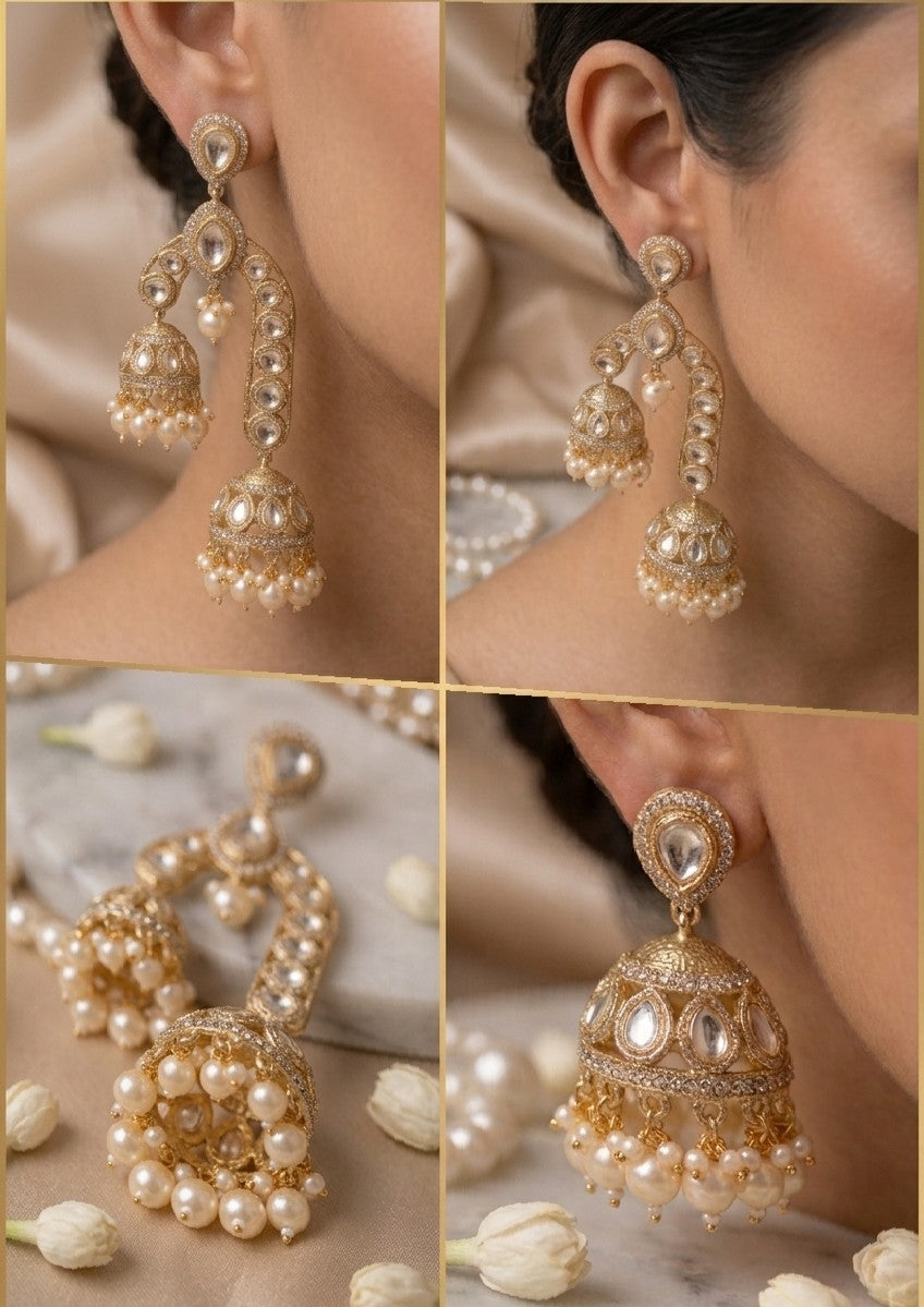 Jalparee Kundan and Pearl Double Tier Jhumka Earrings with Gold Plating