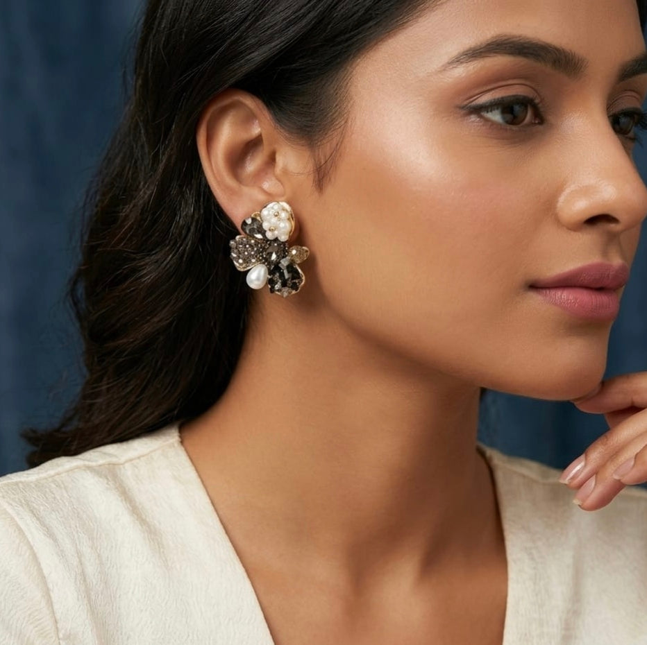 Jalparee Elegant Floral Cluster Stud Earrings with Pearls and Smoked Crystals