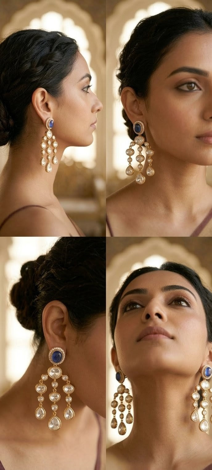 Jalparee: Regal Blue Cabochon & Multi-Tiered Kundan Statement Chandelier Earrings