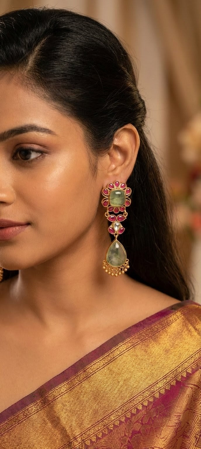 Jalparee Traditional Gold-Plated Kundan Style Earrings with Carved Green & Ruby Stones