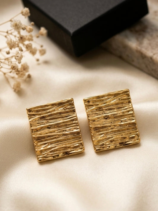 Jalparee Textured Golden Square Stud Earrings – Minimalist Western Statement Tops