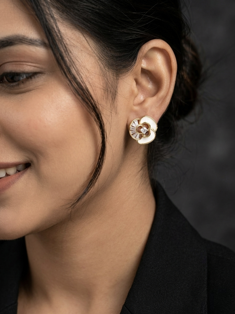 Jalparee Mother of Pearl Floral Stud Earrings with Baguette & Princess Cut CZ Crystals