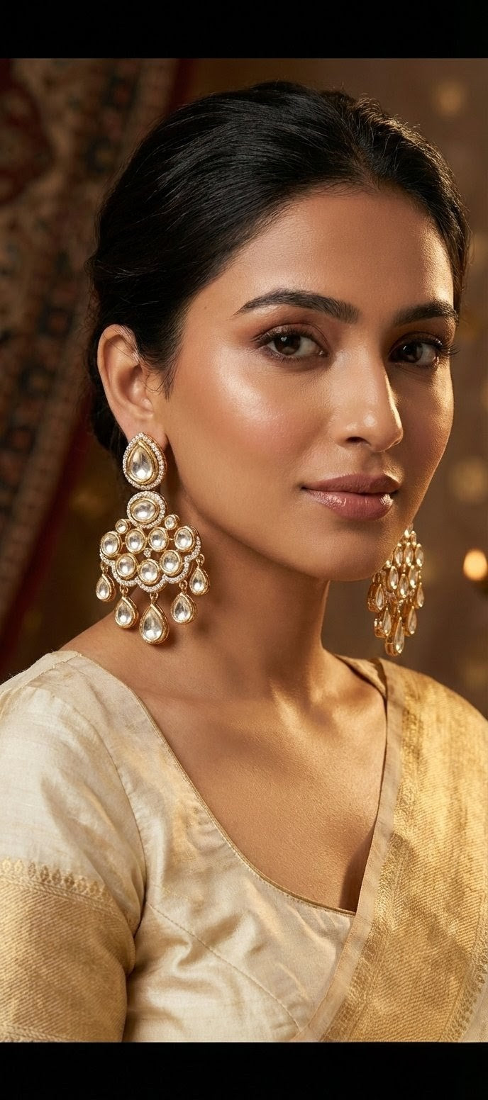 The 'Sitara' Royal Kundan & CZ Chandbali Earrings by Jalparee