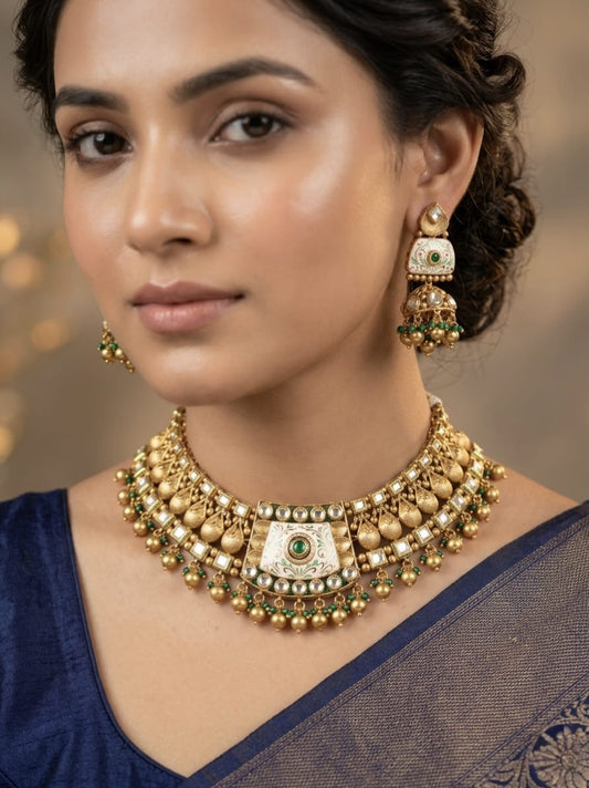 Royal Meenakari & Kundan Choker Set with Emerald Green Droplets