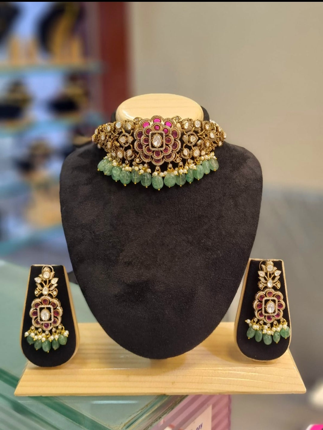 Traditional Ruby & Emerald Stone Studded Choker Necklace Set with Earrings