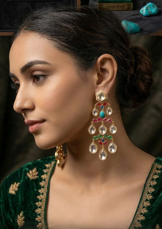 Jalparee Regal Multi-Stone Kundan Chandelier Earrings
